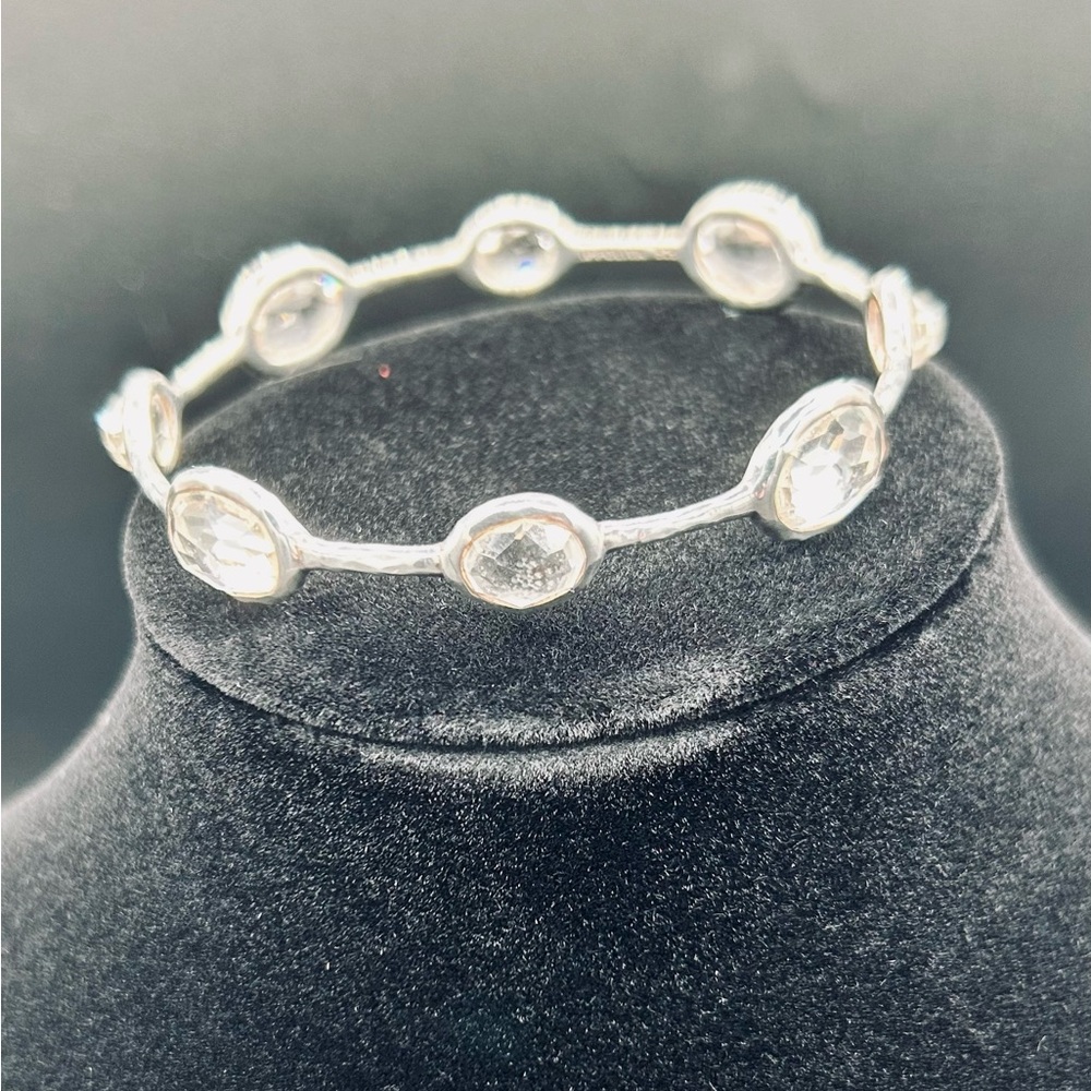 8 station Ippolita clear crystal bangle bracelet hammered silver